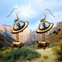 Alien Abduction of Cow Earrings Gold Tone