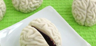 Cake Ball Brains for Halloween made using white candy melts
